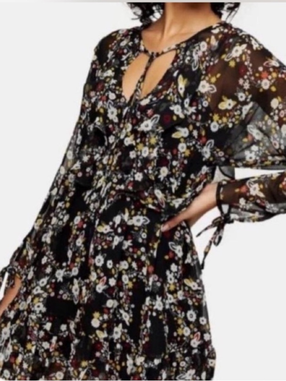 ASOS Topshop Floral Tie-Neck Black Chiffon Mini Dress Size Small